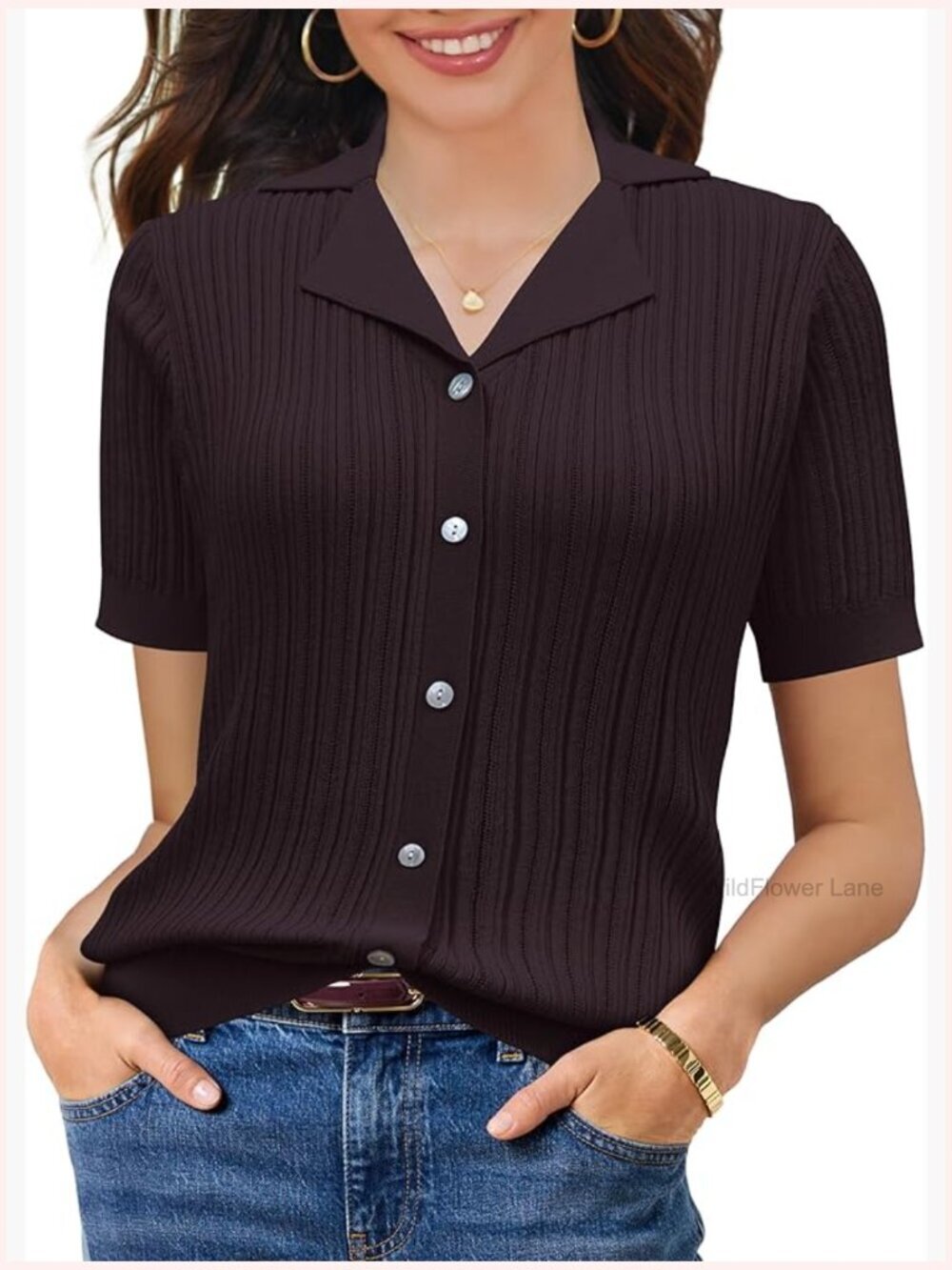 Womens Button Down Eyelet Knit Top Short Sleeve Business Casual Blouse